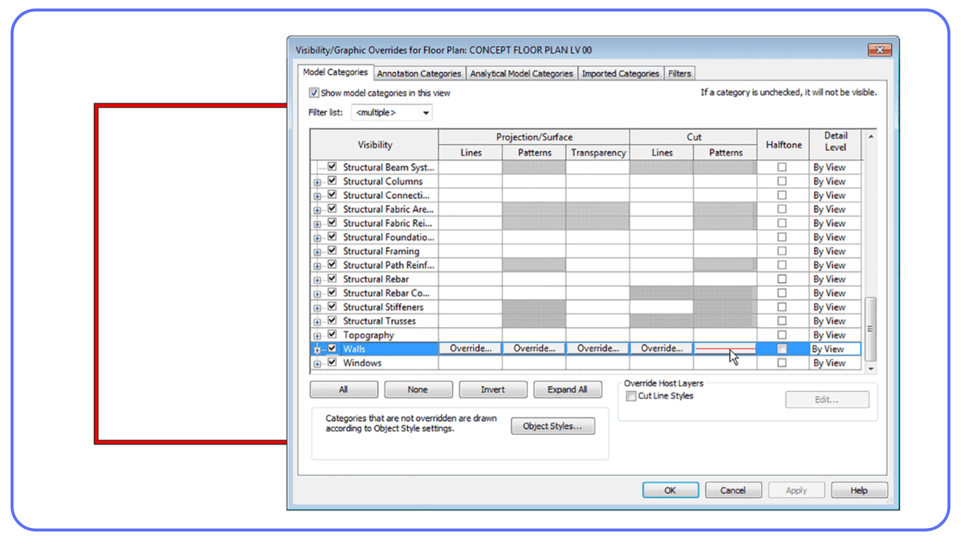 Revit visibility and graphic overrides window showing wall category settings in a floor plan view
