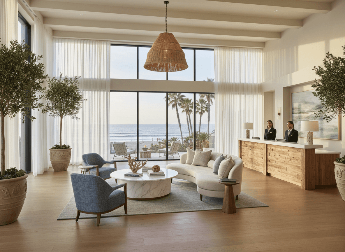 lobby of hotel with coastal view