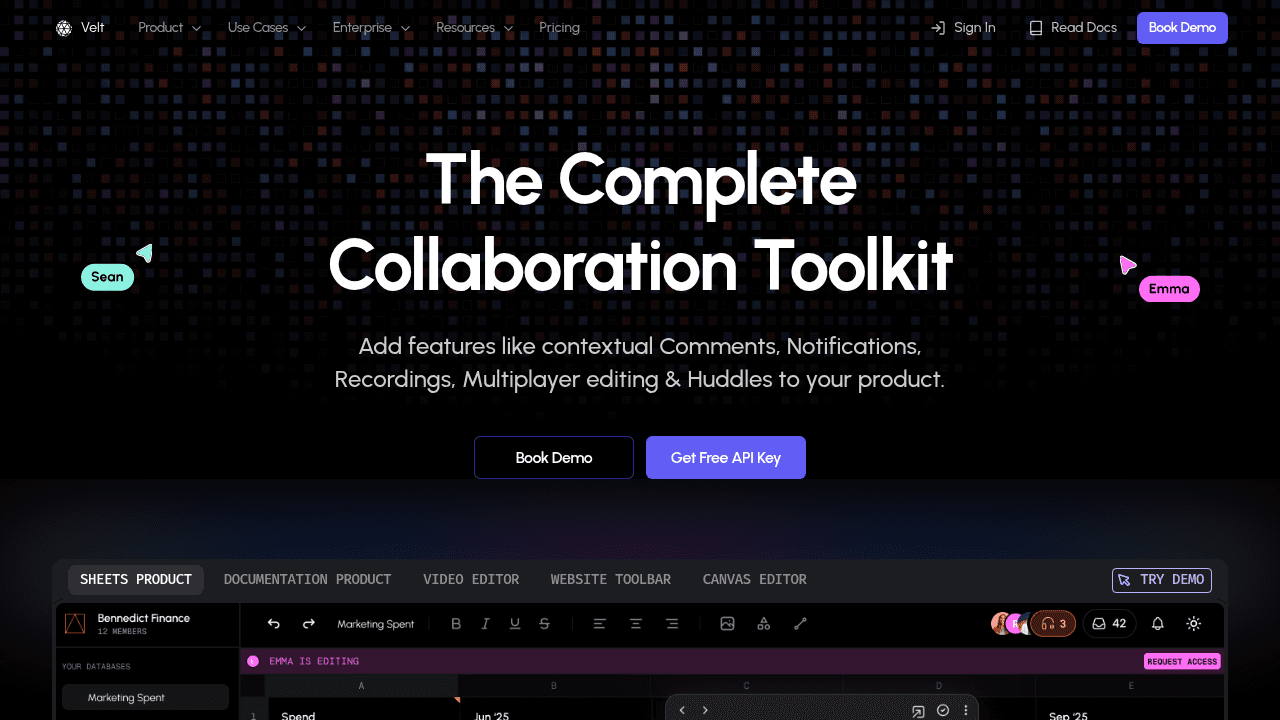 Velt collaboration SDK homepage showing live cursor features and integration options for Vue.js applications