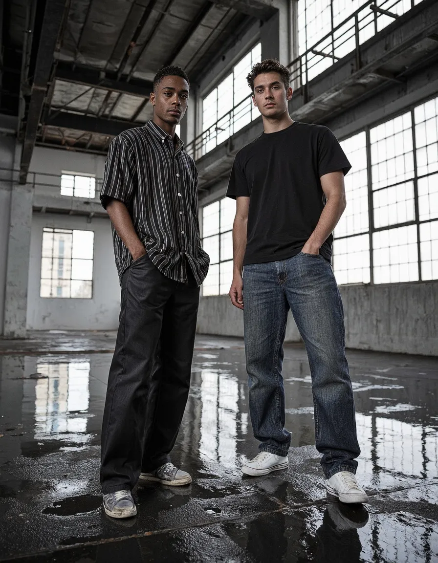 Two models in contrasting outfits standing in an industrial warehouse with large windows, wet concrete floor and moody lighting