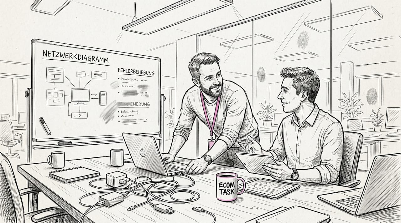 Das IT-Team arbeitet gemeinsam daran, die technische Infrastruktur aufzubauen.