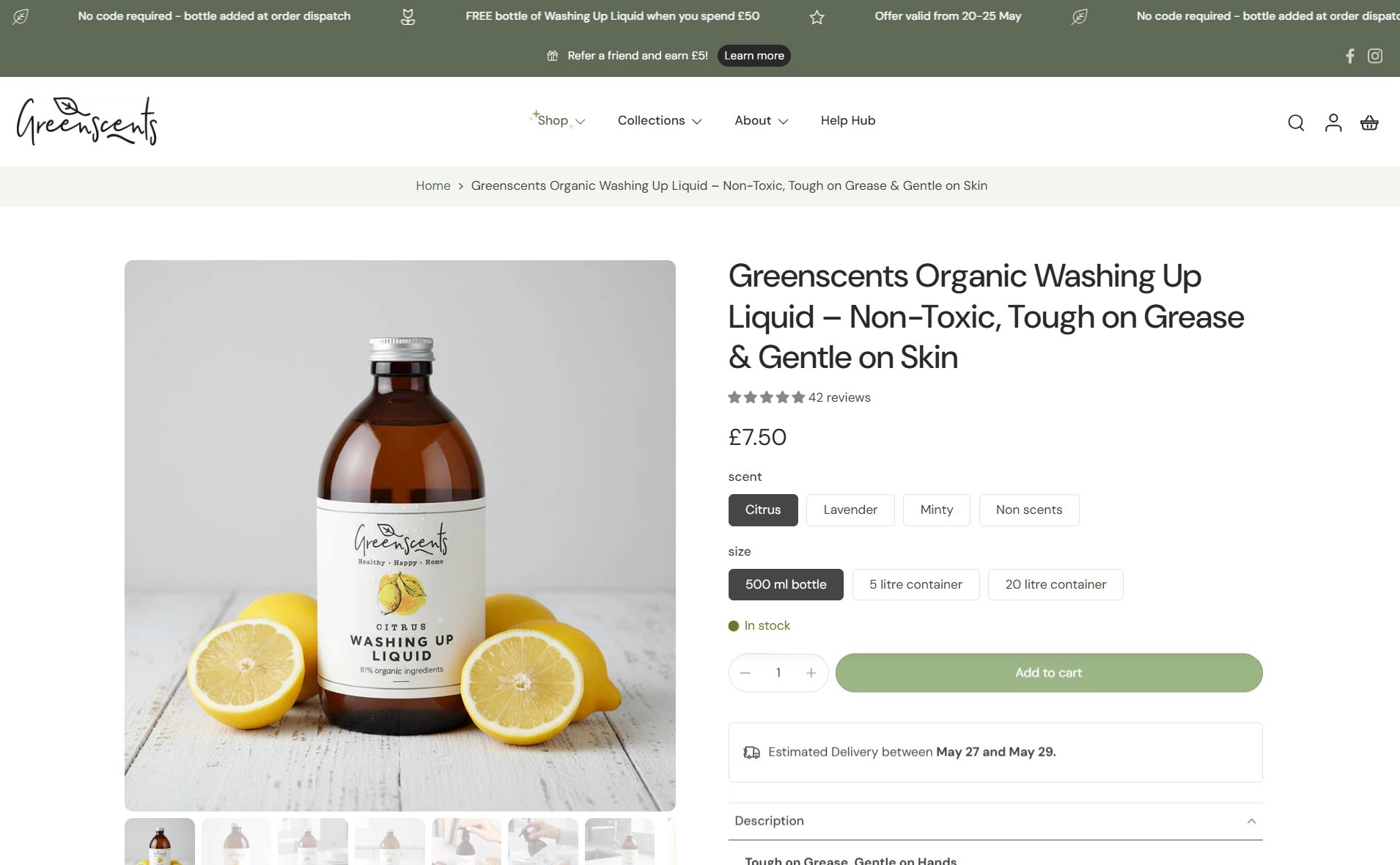 The original Greenscents product page for its organic washing-up liquid: a handwritten Greenscents logo, a large product photo with lemons, a row of thumbnail images, price, scent and size options, and a green Add to cart button.