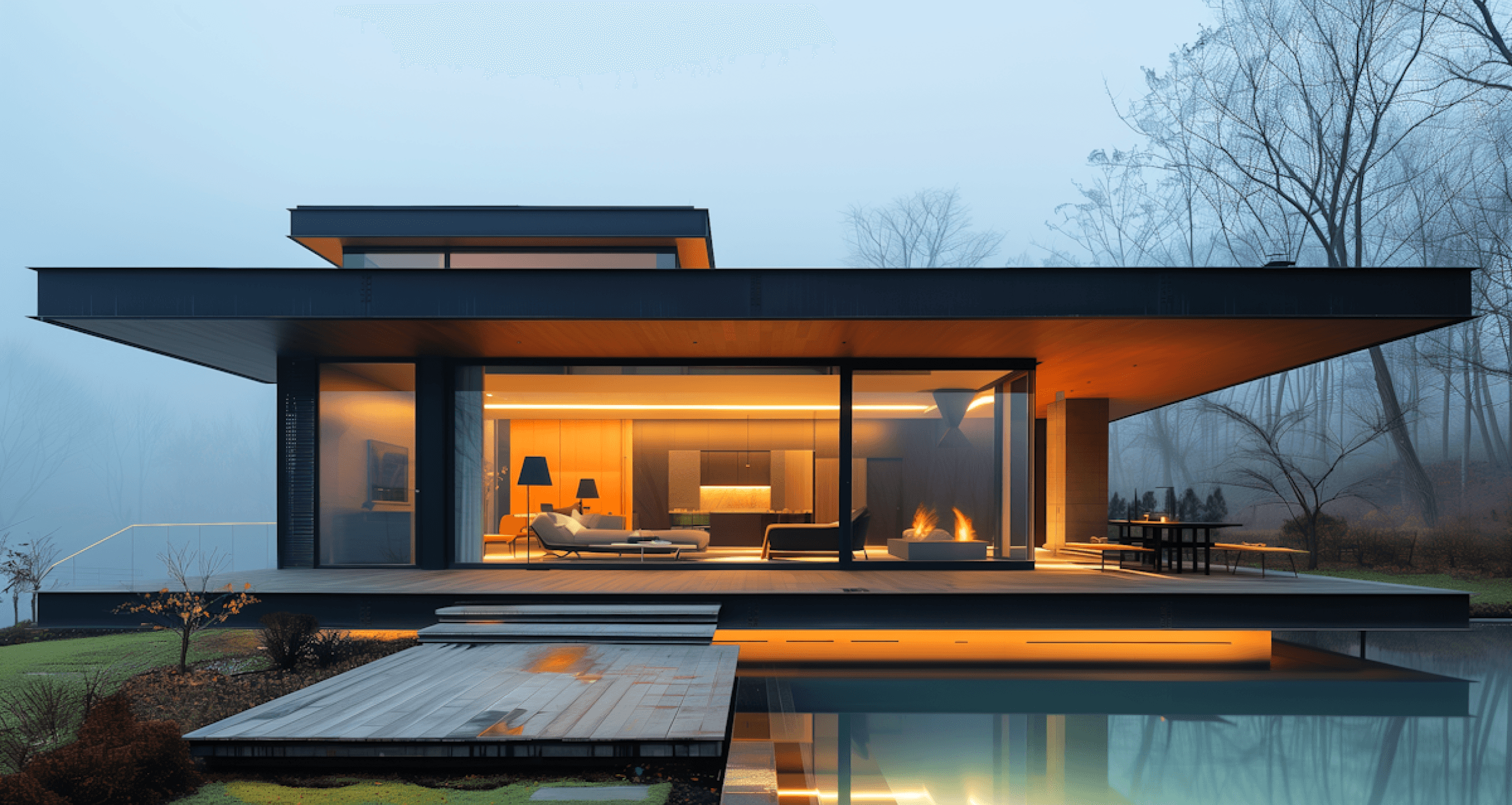 Modern glass-walled house with warm lights reflecting in a pool, set against a misty forest at dusk.