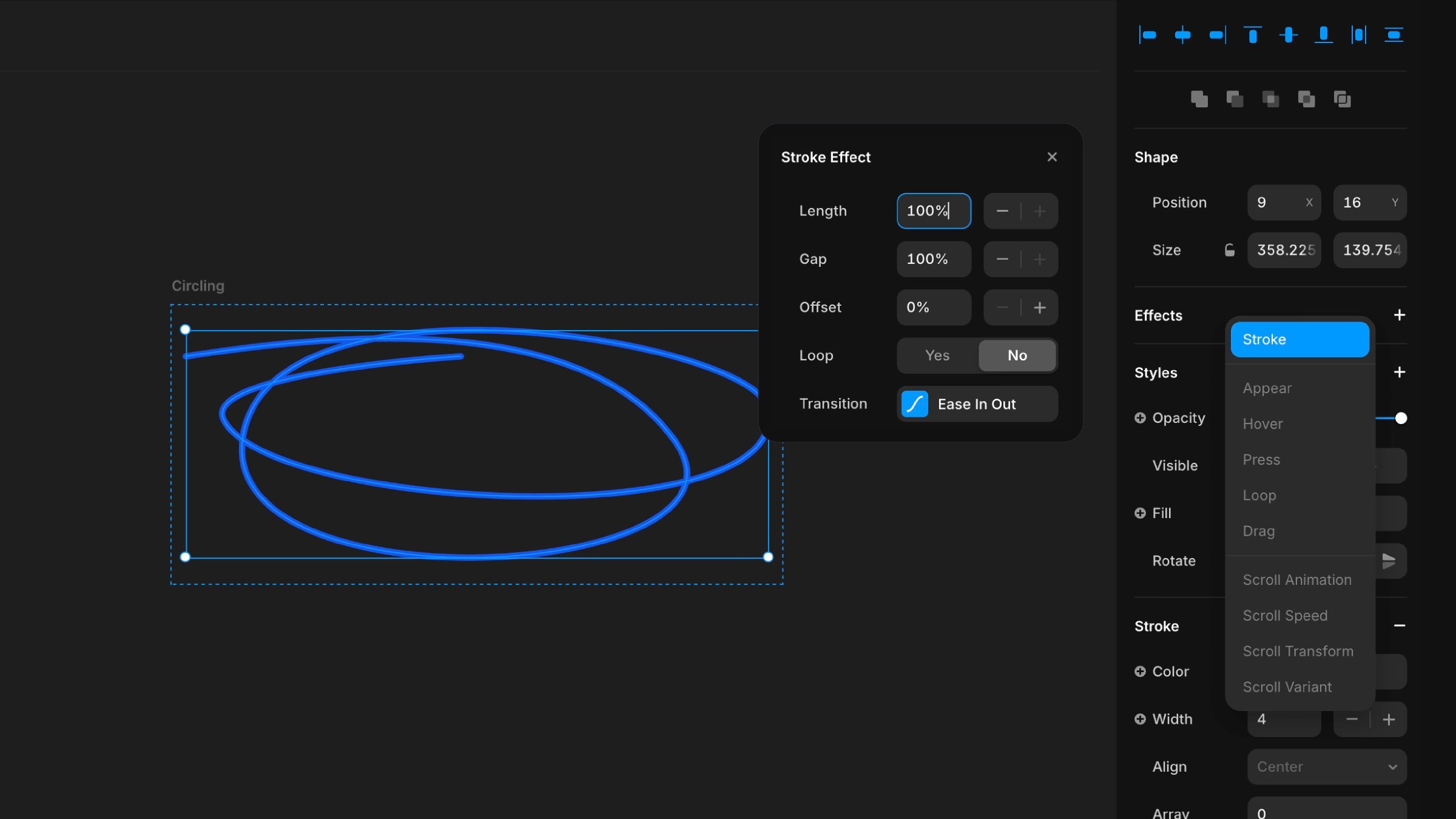 Design tool showing blue looping stroke animation settings