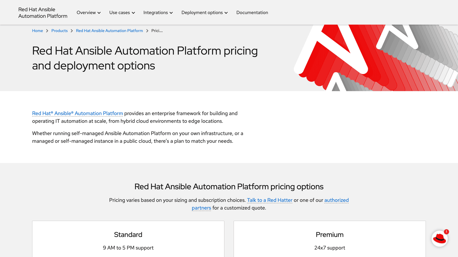 Red Hat Ansible Automation Platform pricing page showing Standard and Premium subscription options