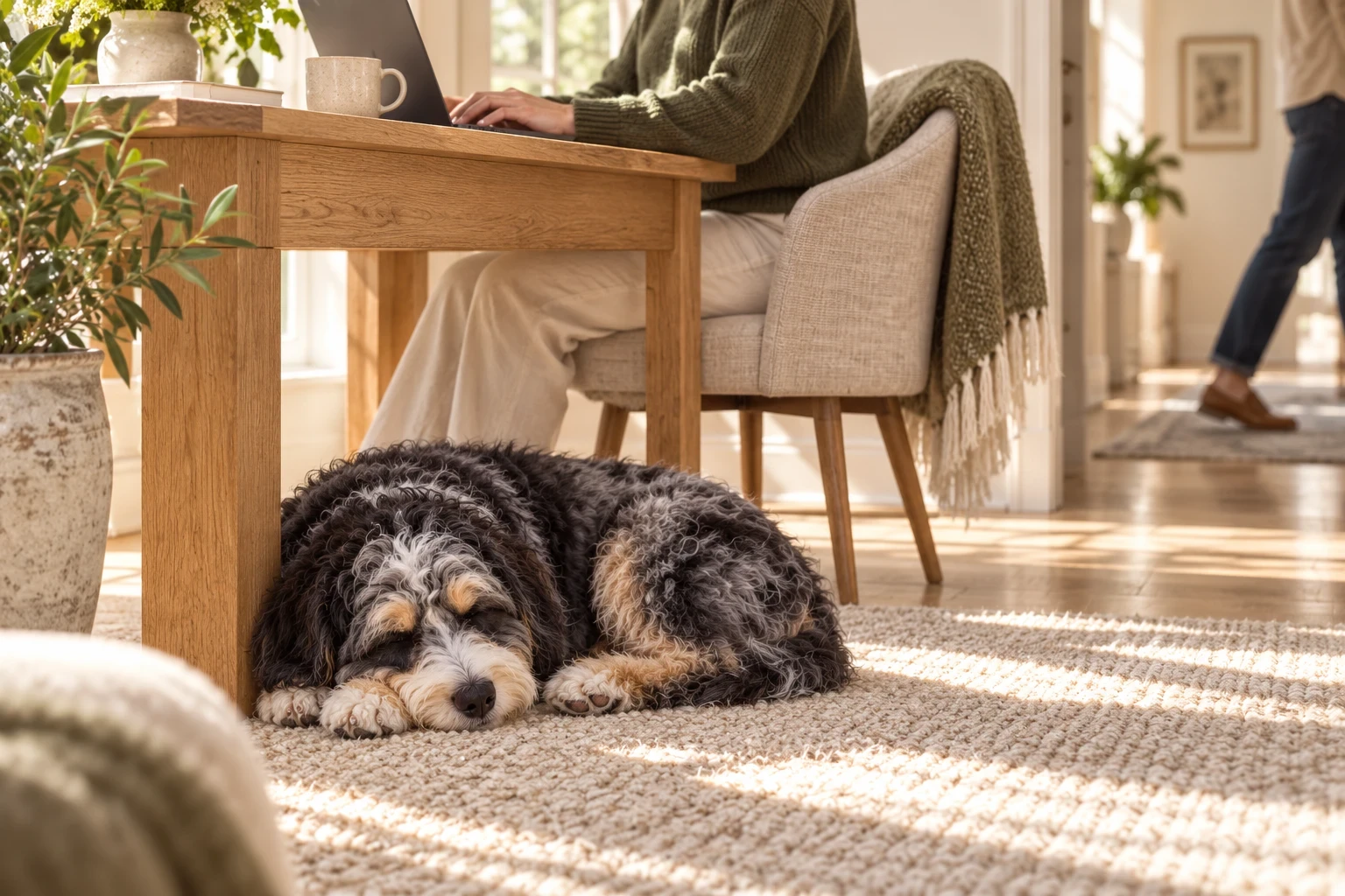 Skye resting near a person working at a sunlit home desk.