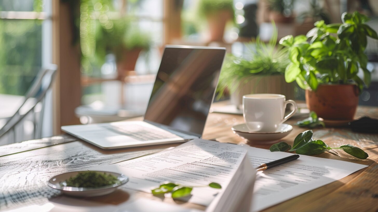 Elegant private chef workspace with laptop, intake form, and proposal documents representing a professional event booking process in Houston.  