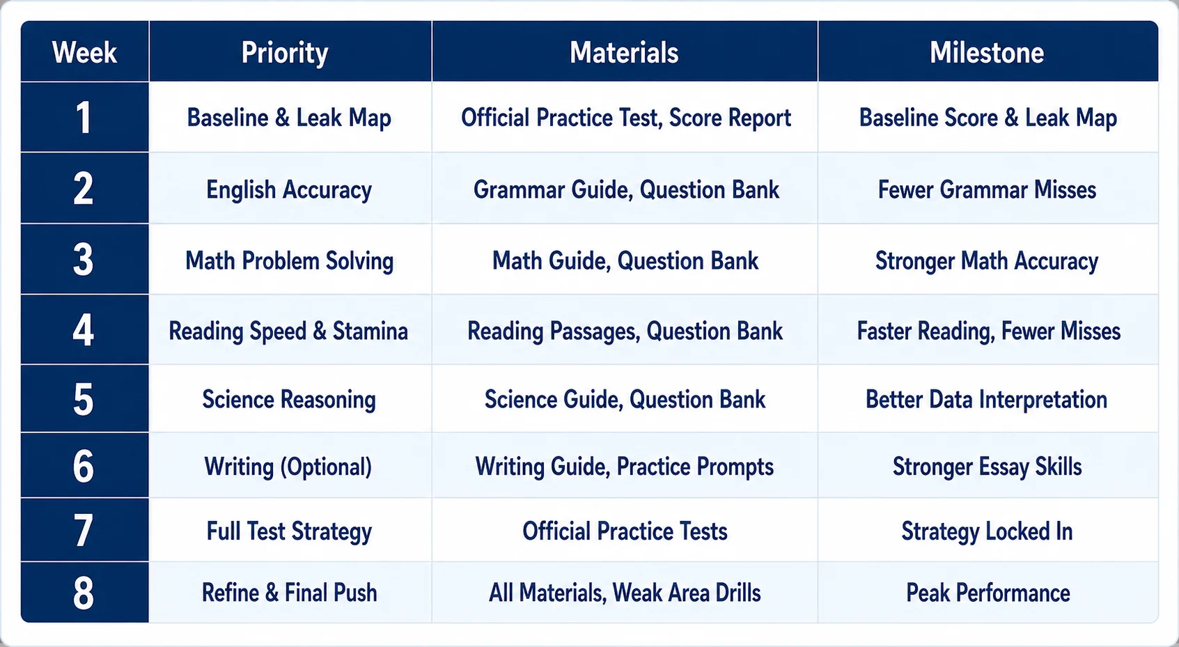 Eight-week ACT study plan table with weekly priorities, materials, and milestones from diagnostic to test-day prep