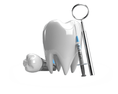 A graphic illustration of a tooth, a dental mirror, and a syringe, representing dental procedures and care.