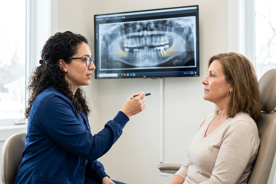 Implant specialist explaining bone health on a dental x-ray to a patient