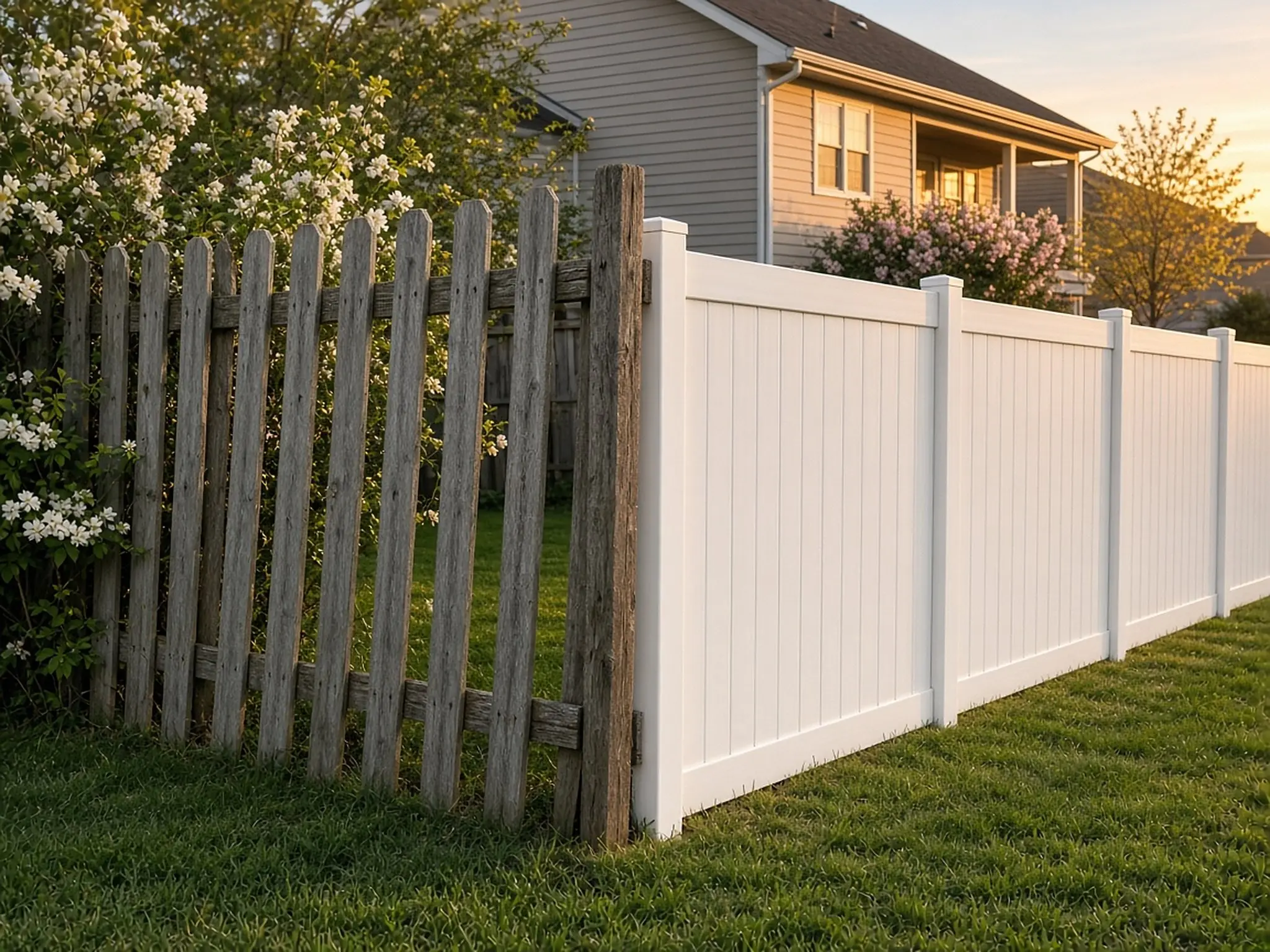 Old weathered wood fence next to a new white vinyl privacy fence