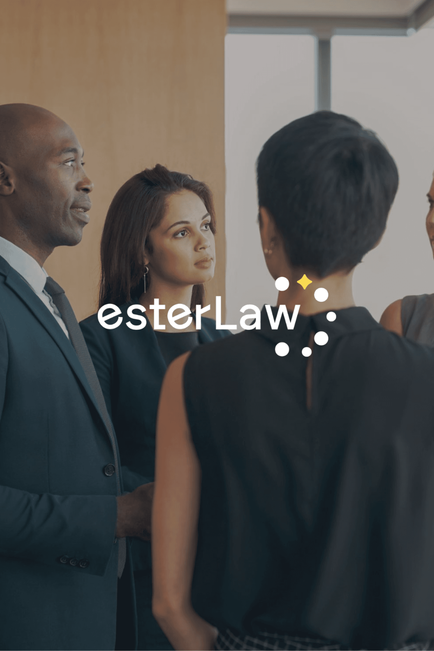 Two men in dress shirts stand against a striped background. One adjusts his tie, both look thoughtful and focused, conveying a professional tone.