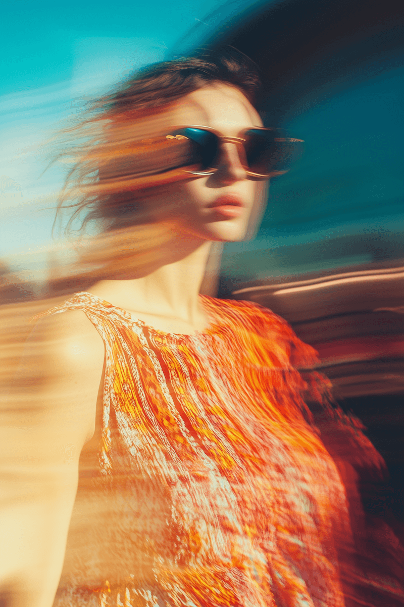 A person in sunglasses wears an orange dress, with a blurred background of bright colors and light.