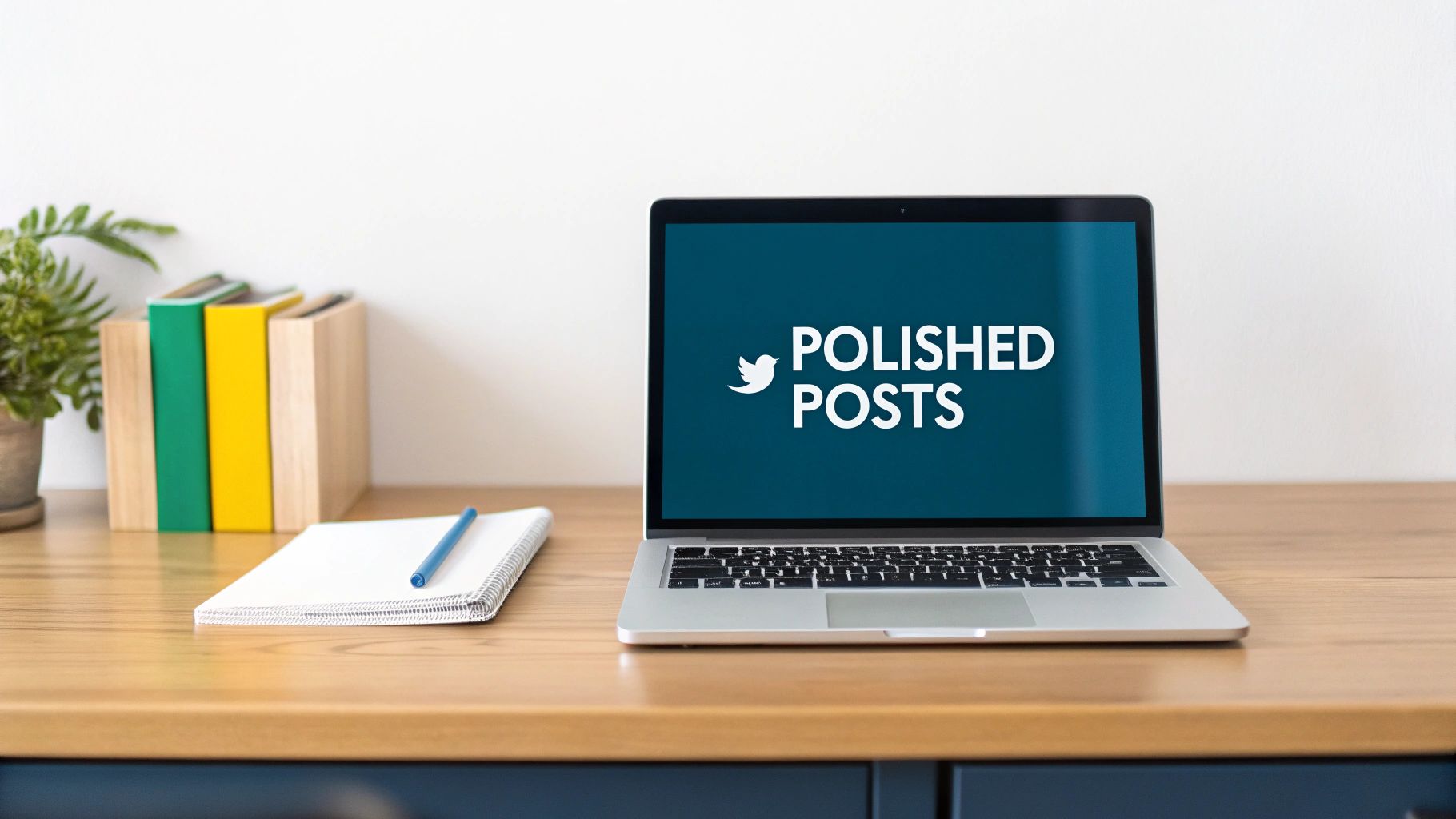 A laptop on a wooden desk displays 'Polished Posts' with a bird logo, next to books and a notebook.