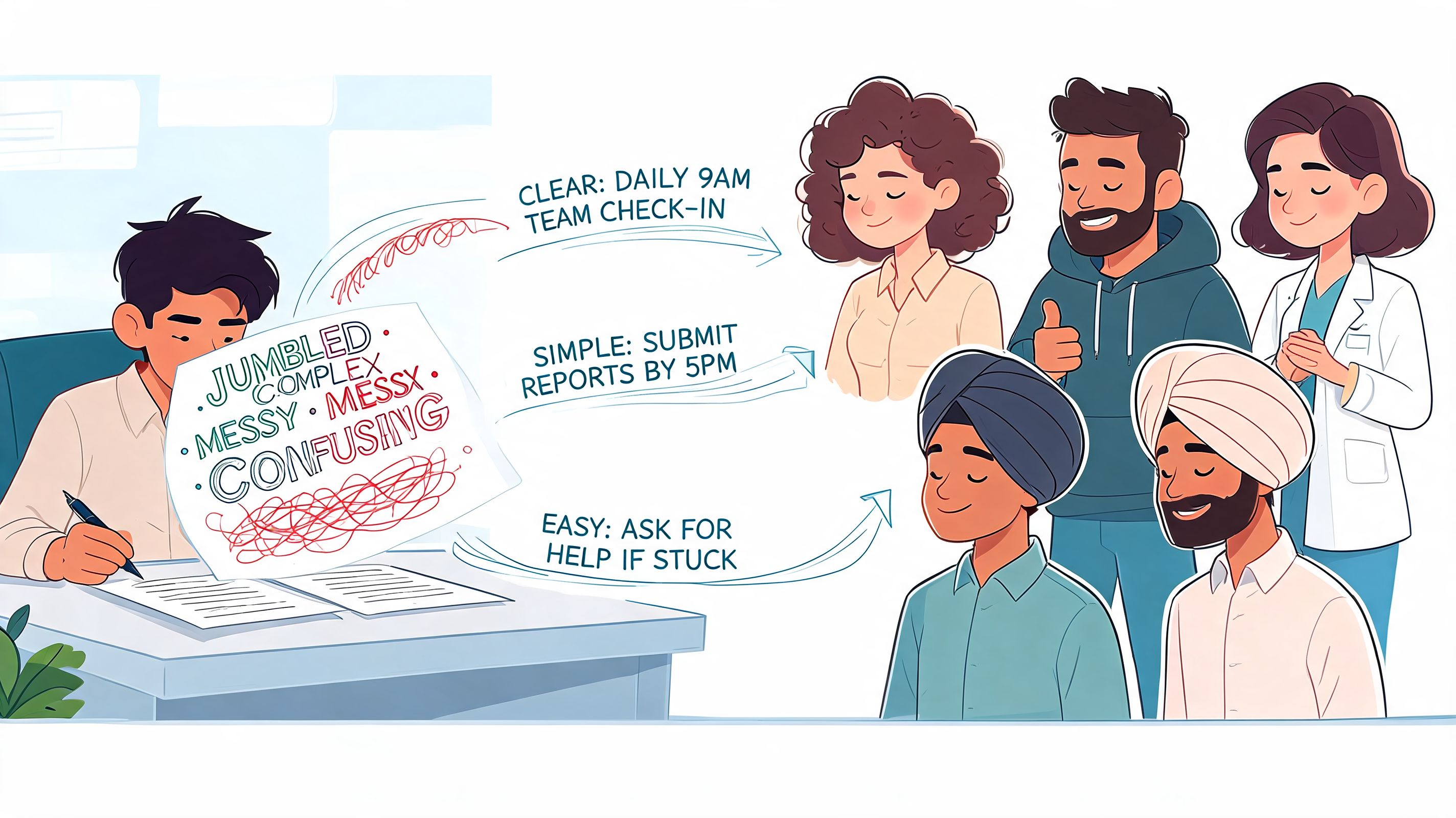 An illustration showing a person turning chaotic, complex work notes into simple, clear instructions for their team.