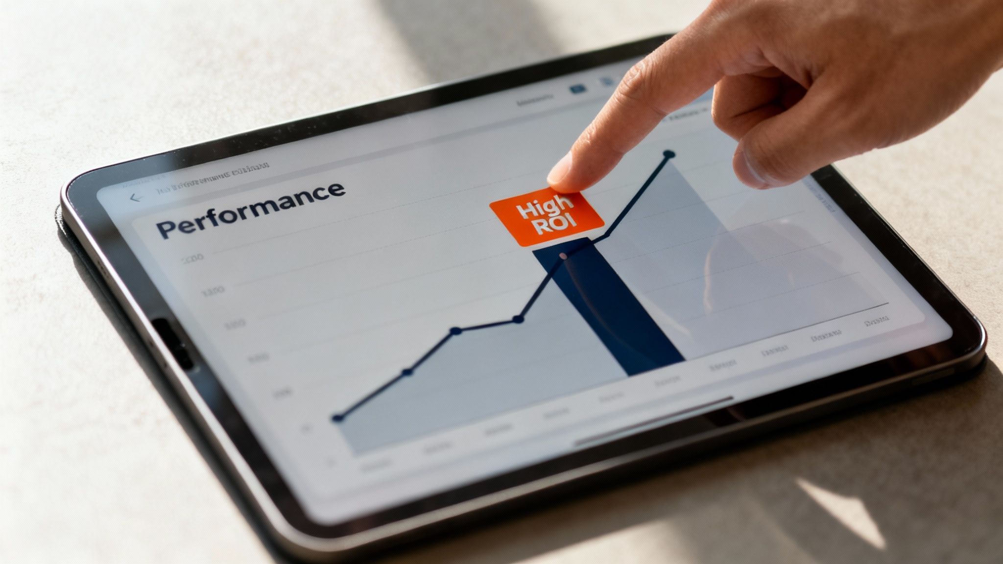A hand taps a tablet showing a performance graph with a 'High ROI' label.