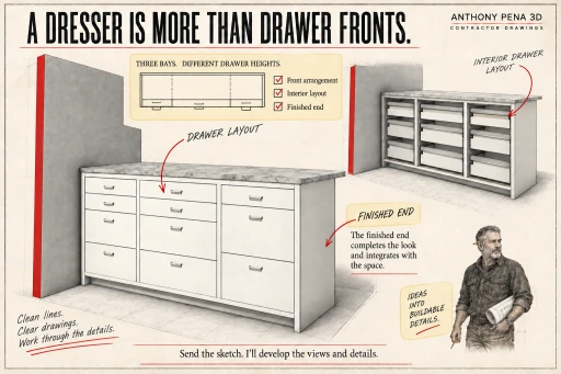 Dresser cover comparing three drawer bays with an exposed drawer-box model and front sketch.