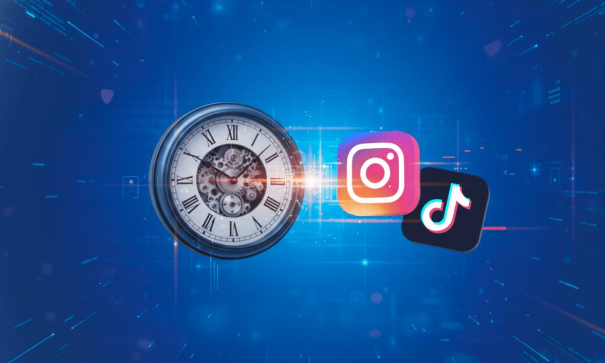 Clock face with mechanical gears alongside Instagram and TikTok logos on a futuristic blue digital background, representing optimal posting times for social media platforms in 2026.