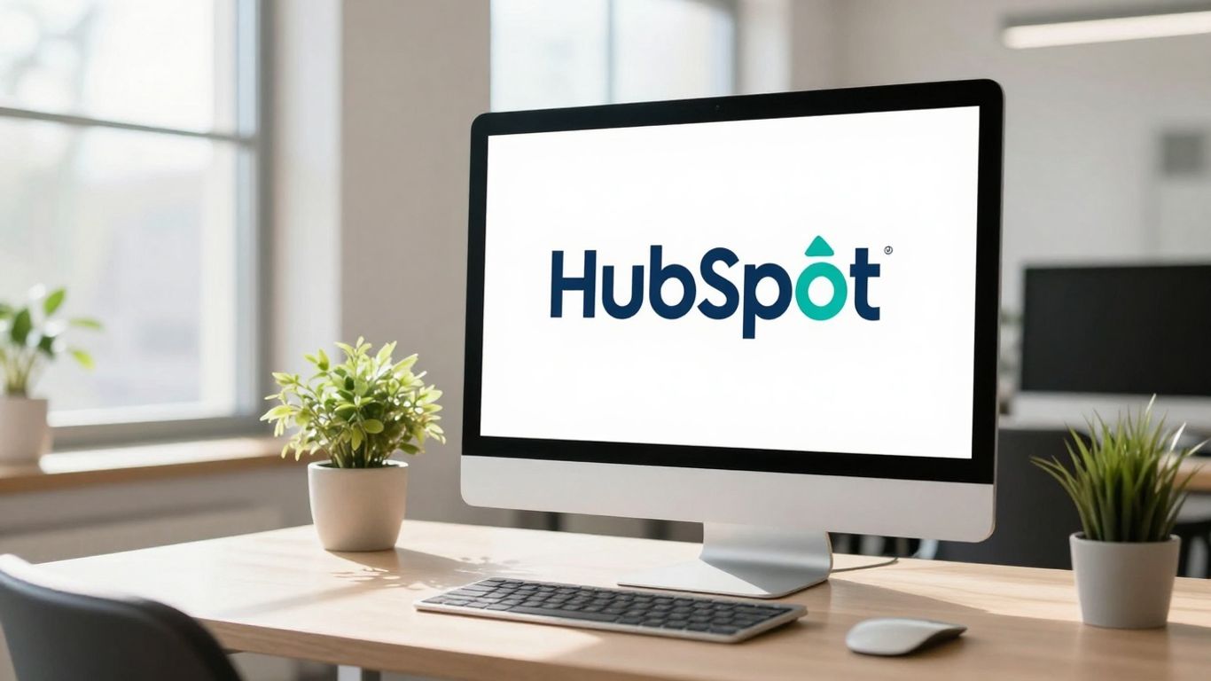 HubSpot logo on a computer screen in an office