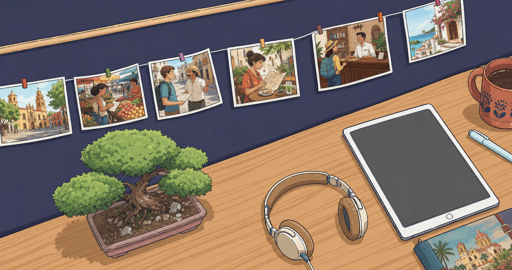 A friendly travel scene showing multiple common situations travelers face: a person at a restaurant table looking at a menu, another person asking directions from a local on a street corner, someone checking into a hotel at a reception desk, all in a warm Spanish-speaking country setting with colonial architecture, natural lighting, illustration style, diverse travelers, welcoming atmosphere
