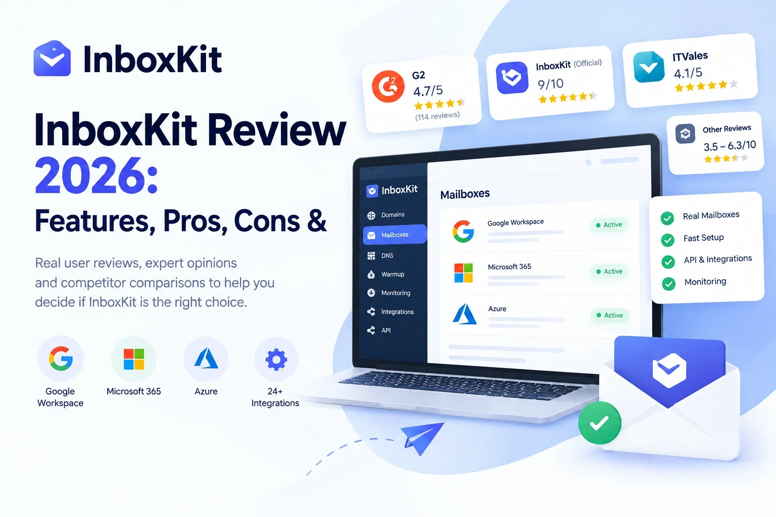 InboxKit Review 2026 featuring Google Workspace, Microsoft 365, Azure mailboxes, user ratings, and email infrastructure features.