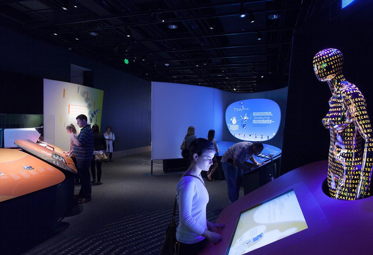 Silhouettes of people against a vibrant orange background