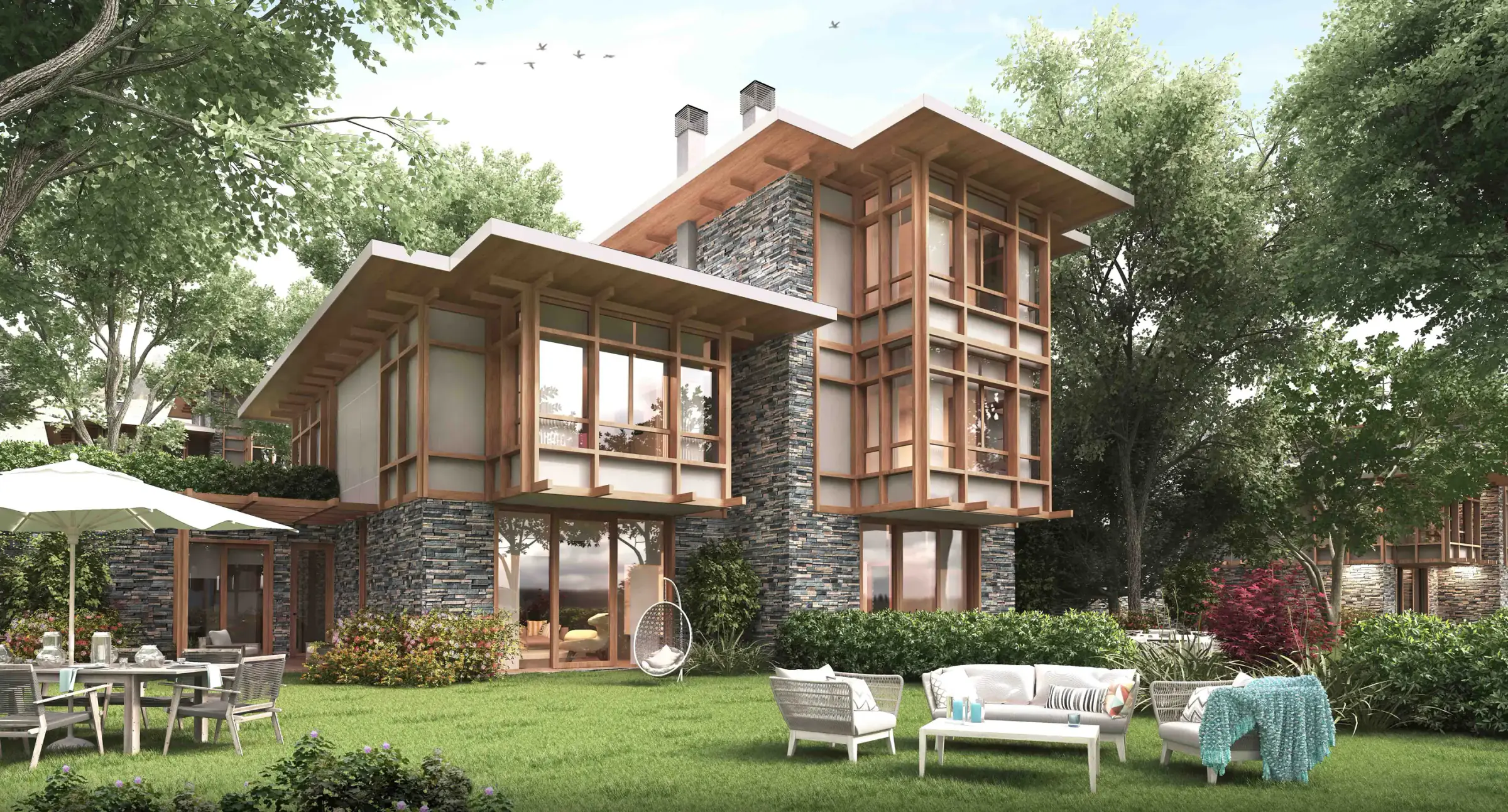Taş ve ahşap cepheli ev ile bahçedeki oturma alanı
