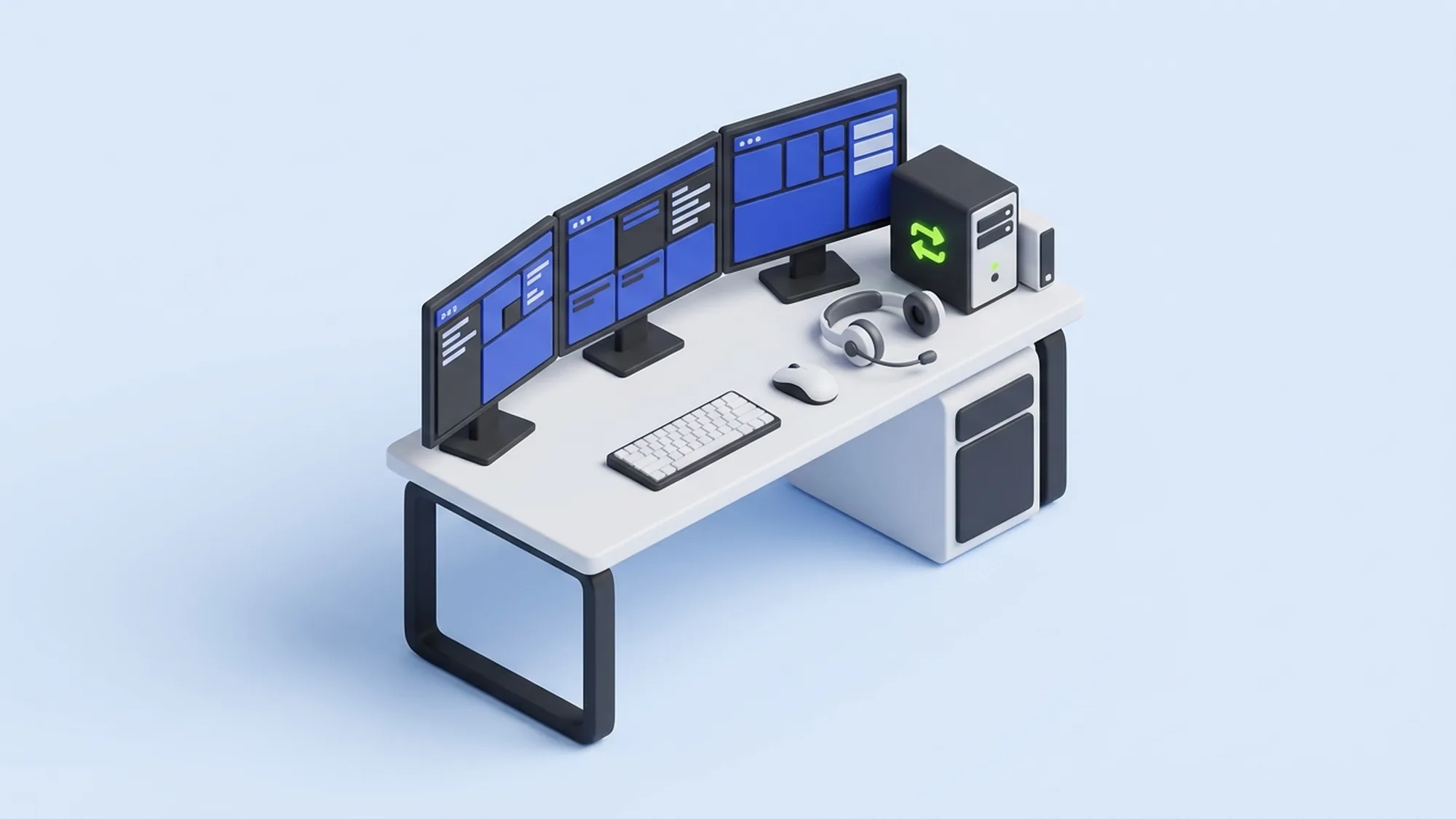Illustration 3D d'un plateau BPO professionnel : multi-écrans, casque de qualité et PBX redondant