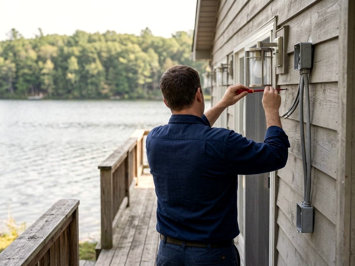 An electrician fitting an outdoor light on a lakeside deck