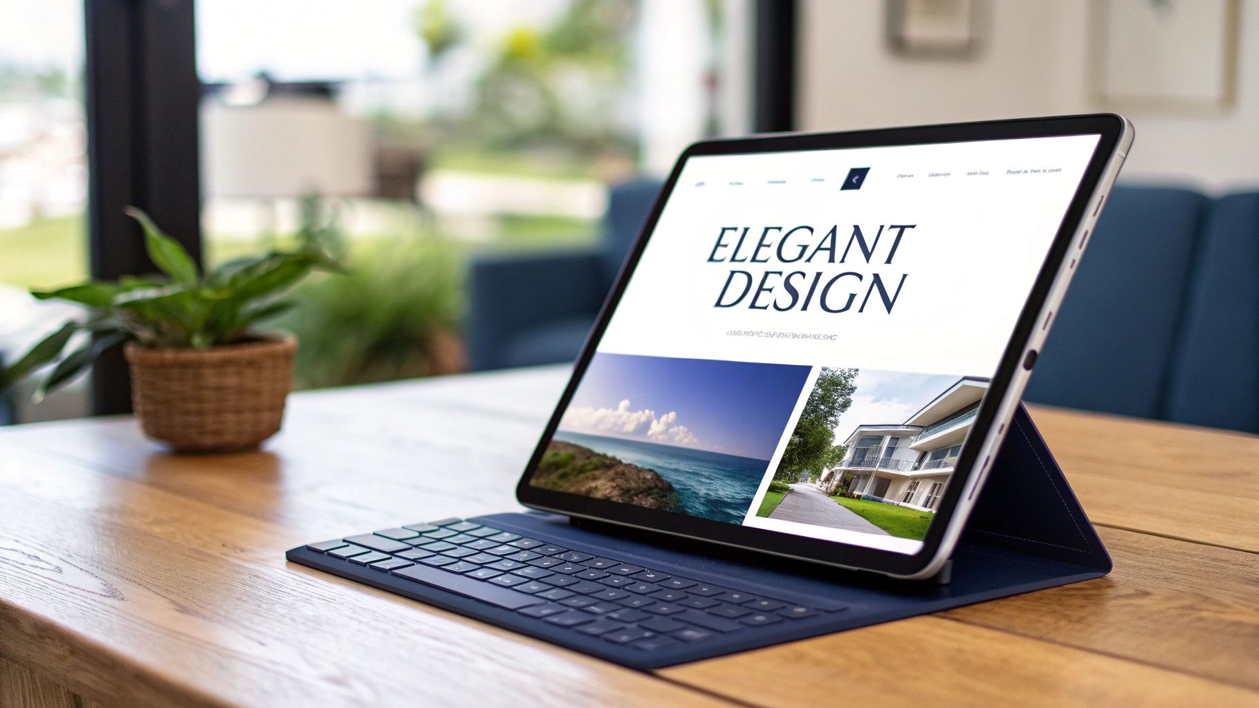 Tablet with a keyboard displaying a website titled "Elegant Design," placed on a wooden desk beside a small potted plant in a bright, modern workspace