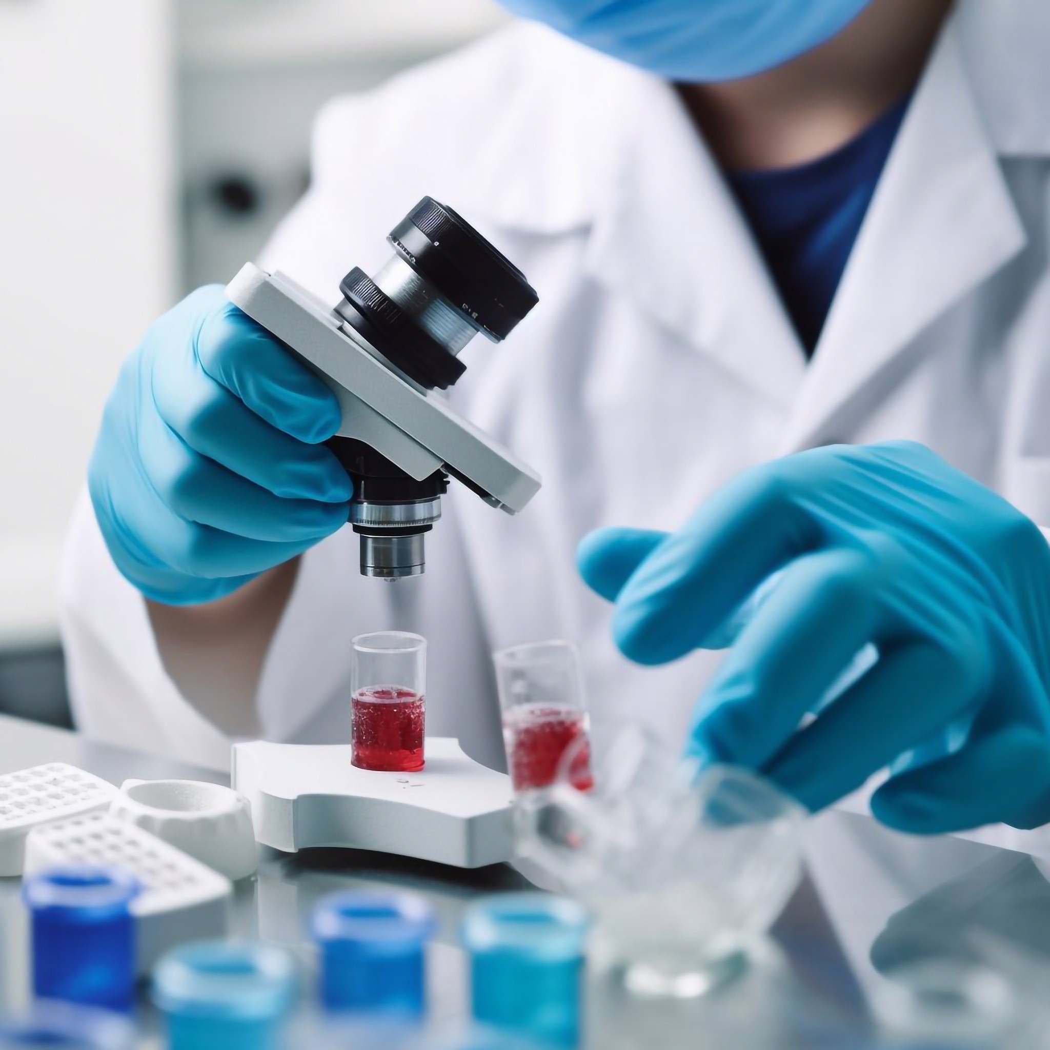 Laboratory technician with protective gloves handling chemical samples and using a microscope, signifying the precise and critical work in pharmaceutical research and development.