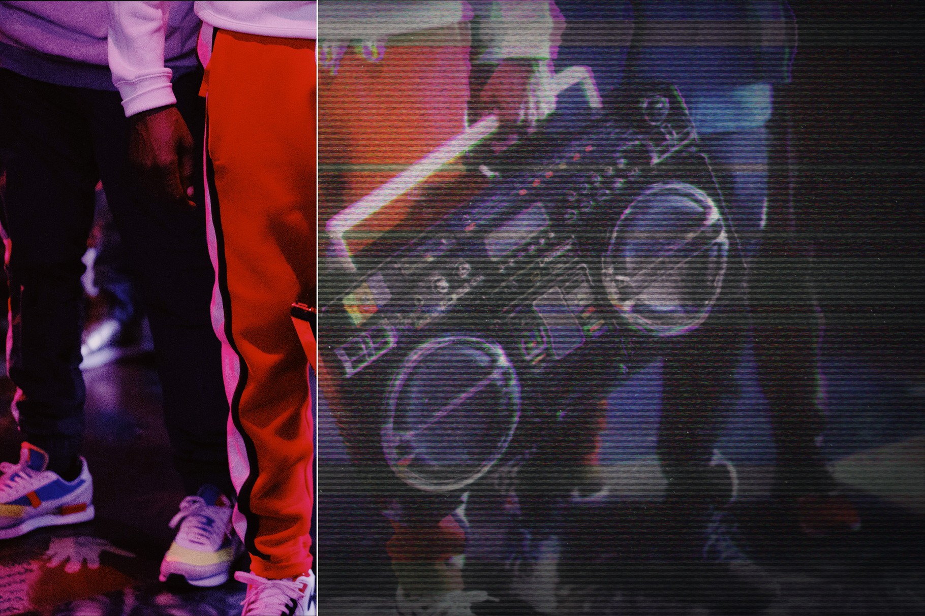 Side by side comparison showing a clean photo of people next to a version with heavy VHS noise and tracking errors