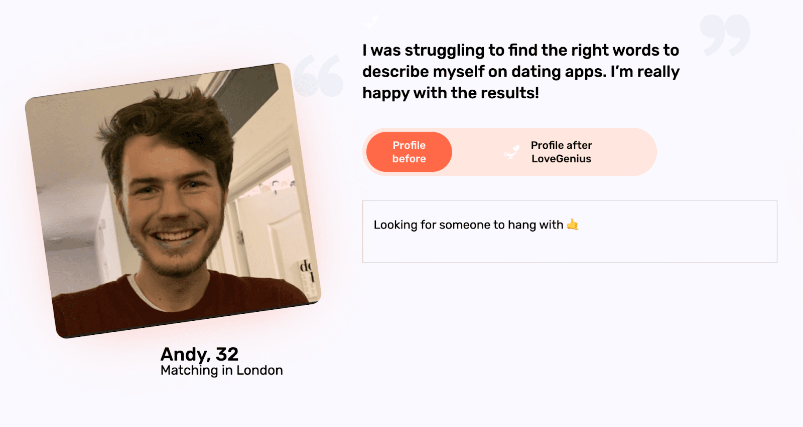 Andy’s dating app bio before the use of LoveGenius