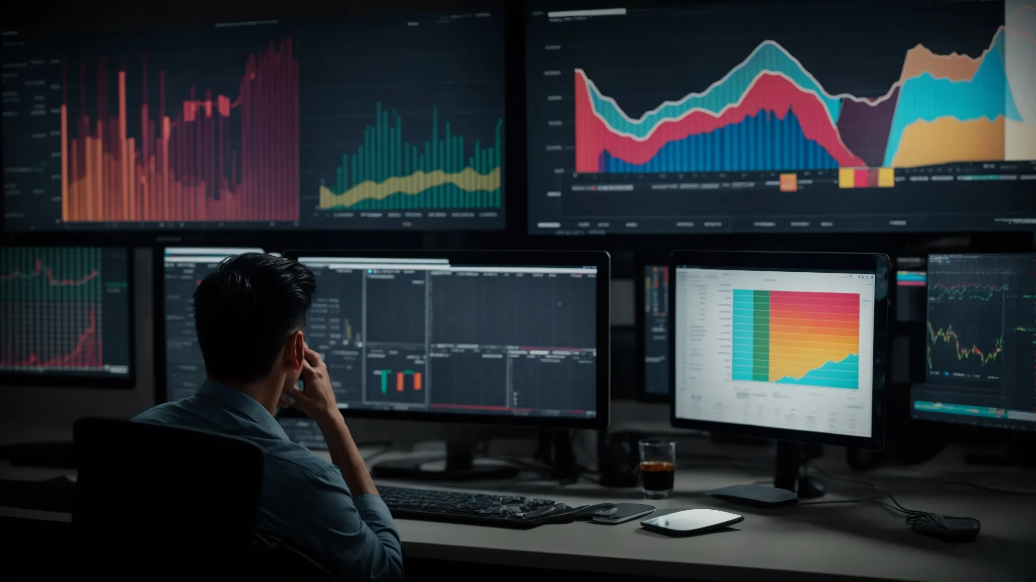 a person sitting in front of a computer, analyzing colorful charts and graphs on the screen that represent financial projections.