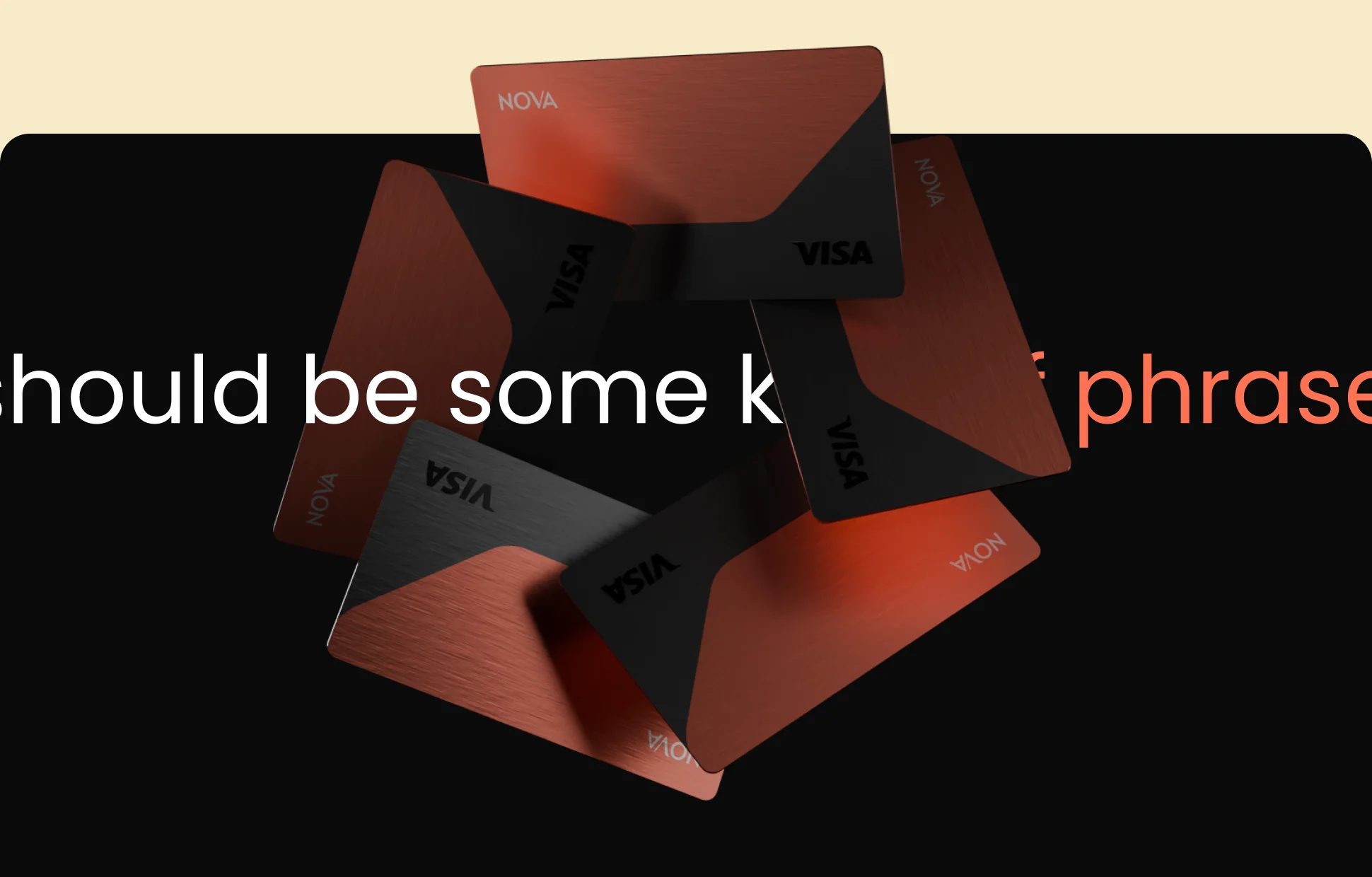 Nova Visa card 3D render — copper and dark metal card variants scattered composition