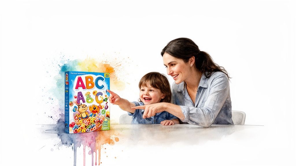 A happy mother and child pointing at a colorful ABC cereal box on a white table.