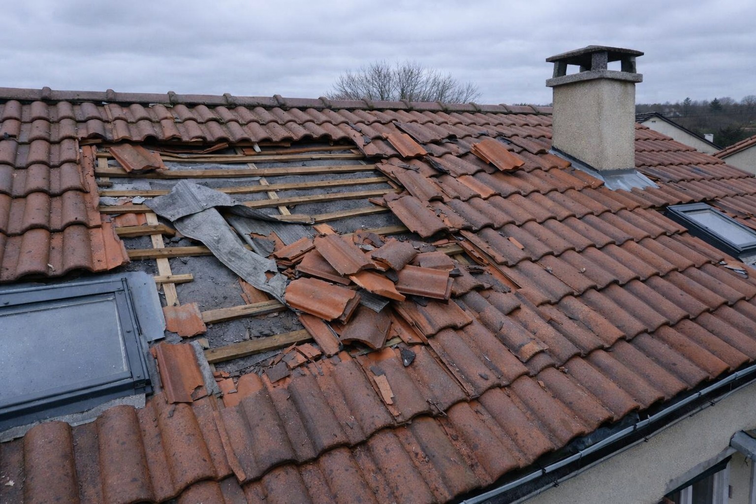 Tuiles envolées après tempête sur toiture de maison avec dégâts visibles après de fortes rafales de vent