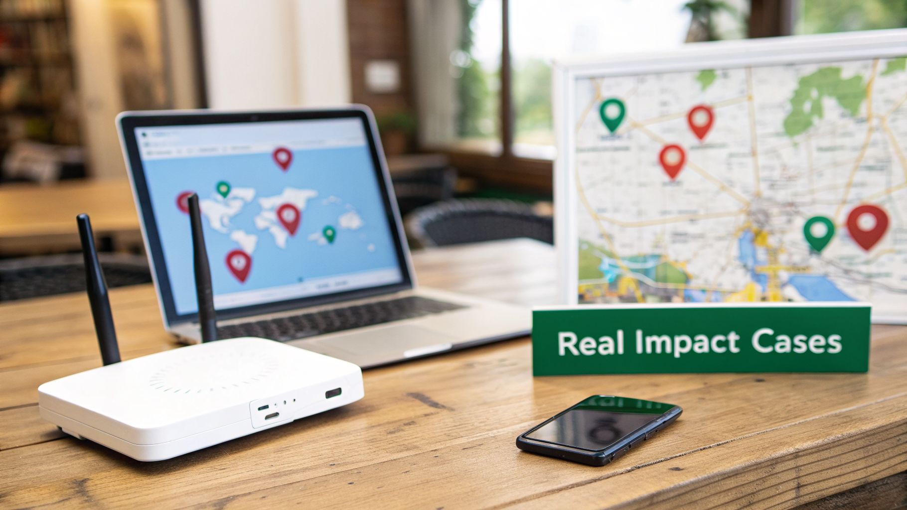 A white wireless router, laptop, smartphone, and maps with location pins on a wooden desk, highlighting connectivity and data.