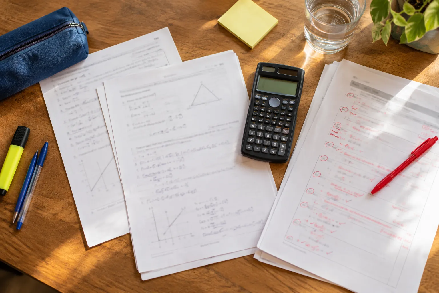 Past exam papers, a calculator and red-pen marking on a desk