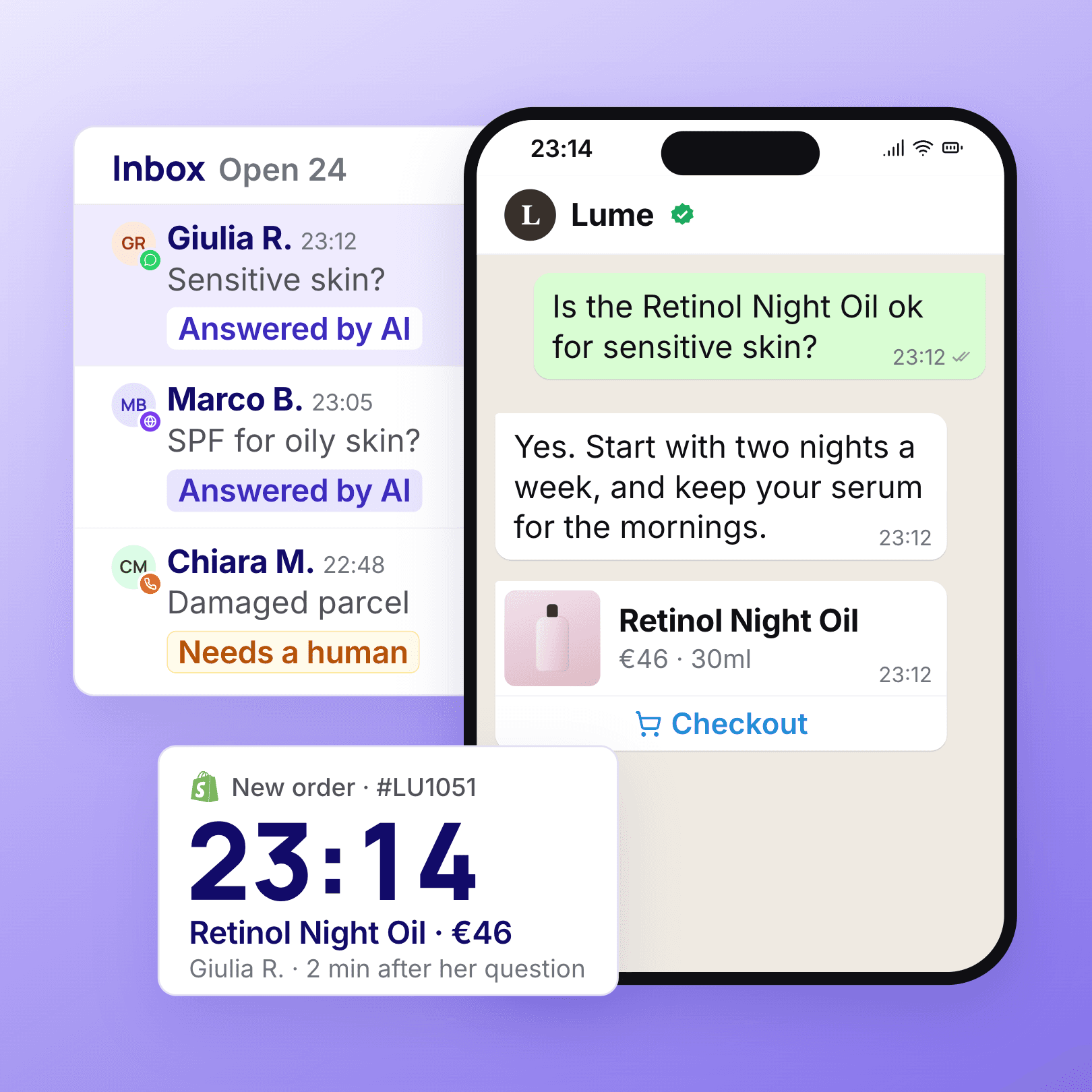 The TextYess inbox and a WhatsApp chat where a question turns into an order