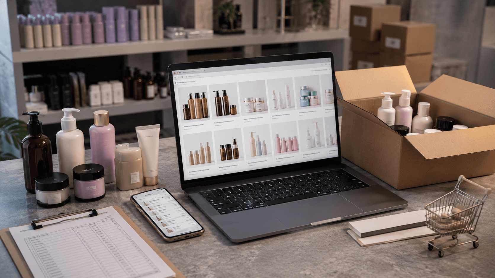 Mesa moderna de operação de uma distribuidora de cosméticos em ambiente 3D realista, com notebook exibindo catálogo digital B2B, celular com lista de pedidos, produtos de beleza organizados, caixas de envio abertas e clima profissional de gestão de vendas recorrentes para salões, clínicas e revendedoras. Sem pessoas, sem texto e com composição única em formato 16:9.