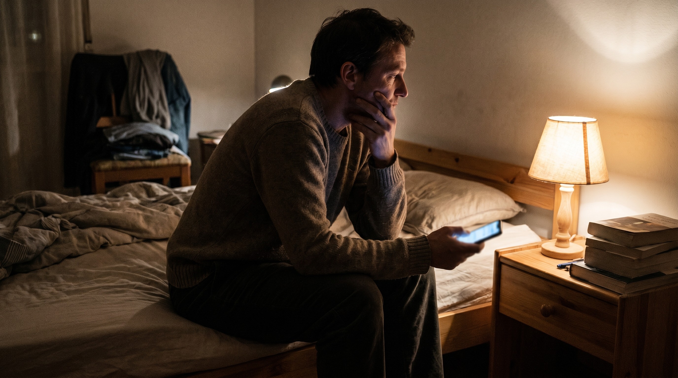 Adult sitting on bed at night holding their jaw while looking at a phone