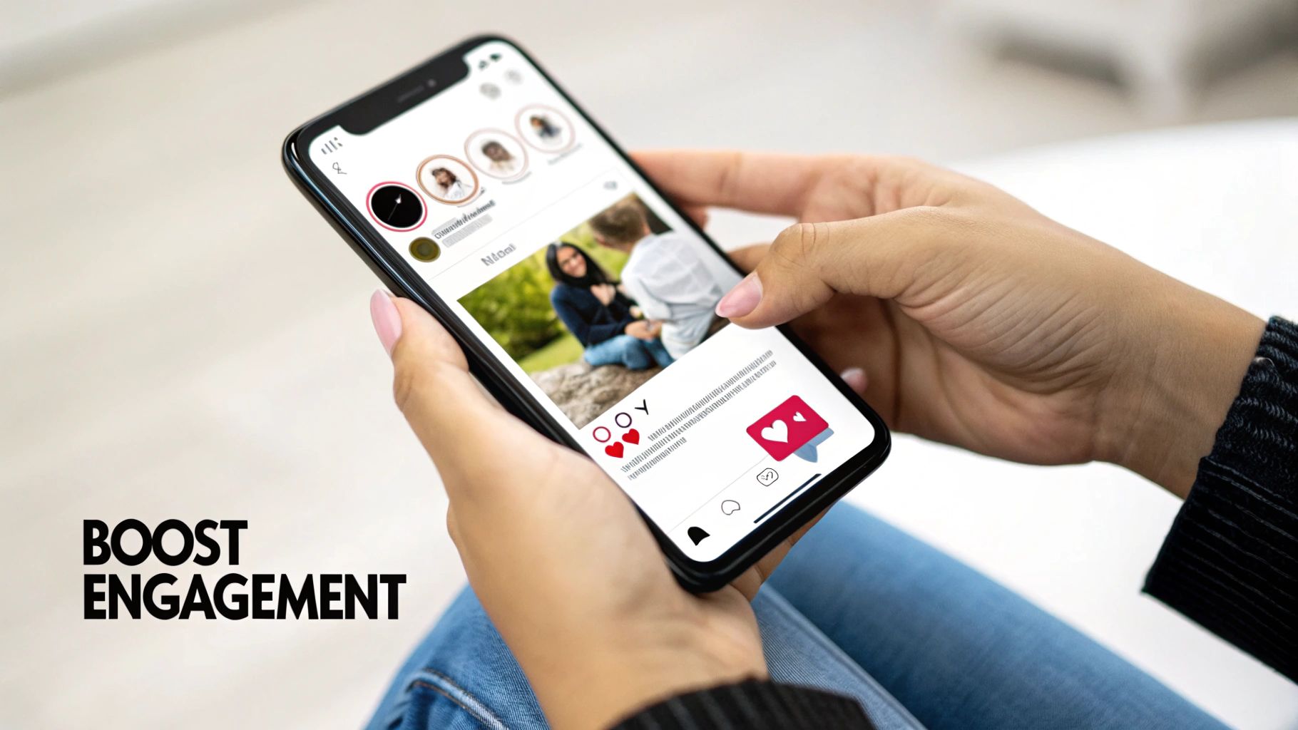 Close-up of hands holding a smartphone displaying a social media feed with a photo and engagement icons, next to 'BOOST ENGAGEMENT' text.