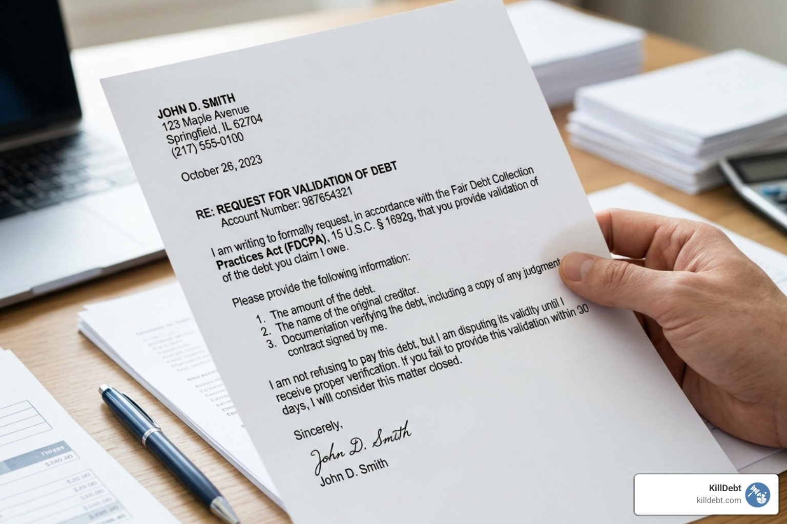 Close-up of a USPS Certified Mail receipt and return receipt green card - example debt validation letter