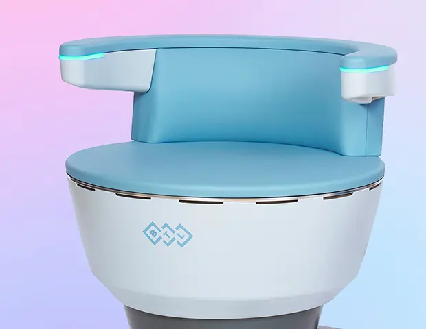 Product photo of EMSELLA chair on a colored gradient background.