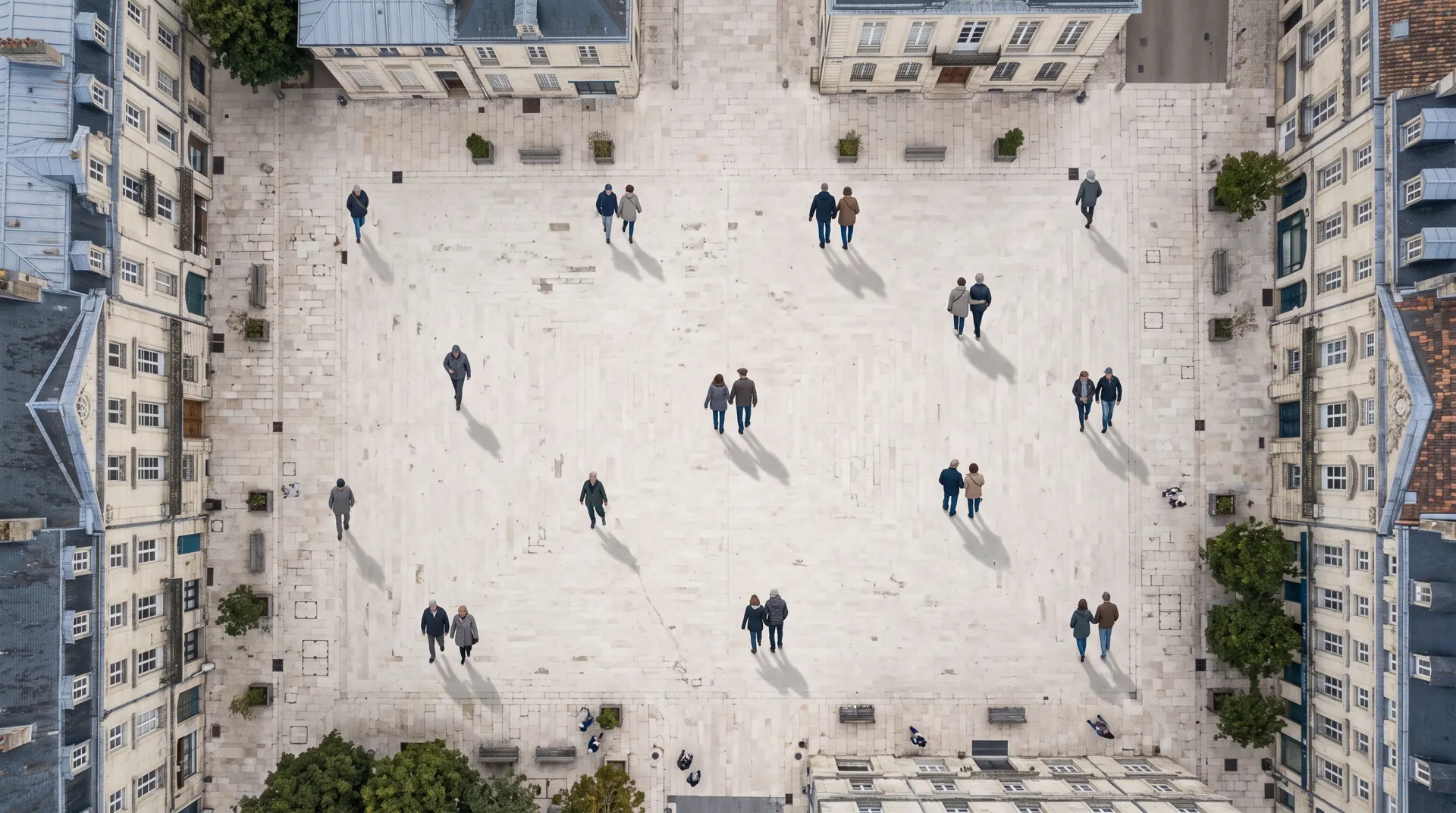 People crossing a pale stone square between old buildings, seen from above