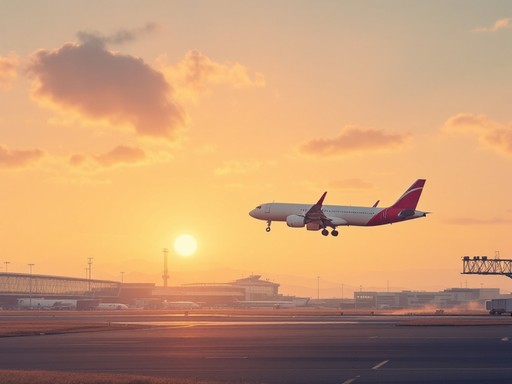 Airplane landing at sunset