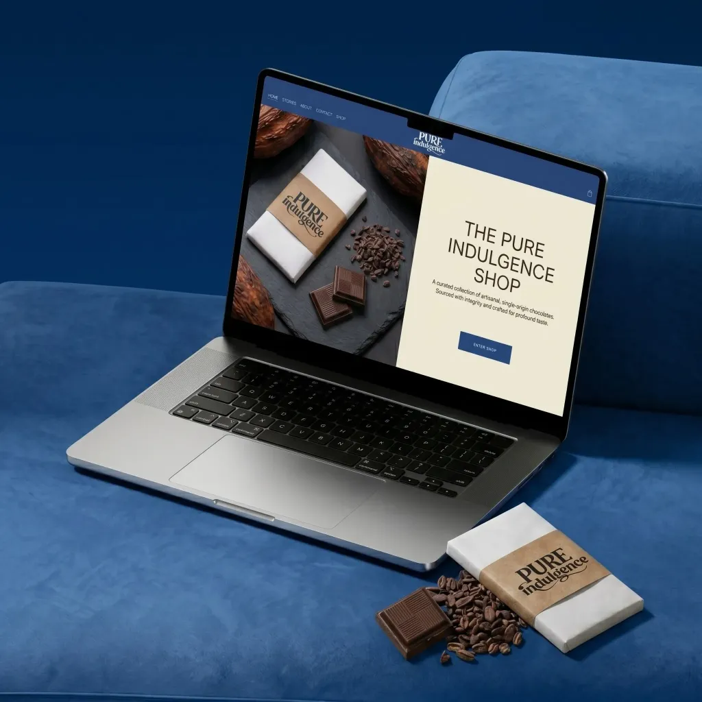 Digital branding showcase on a laptop screen featuring high-end website design for a confectionery brand. By a branding expert.