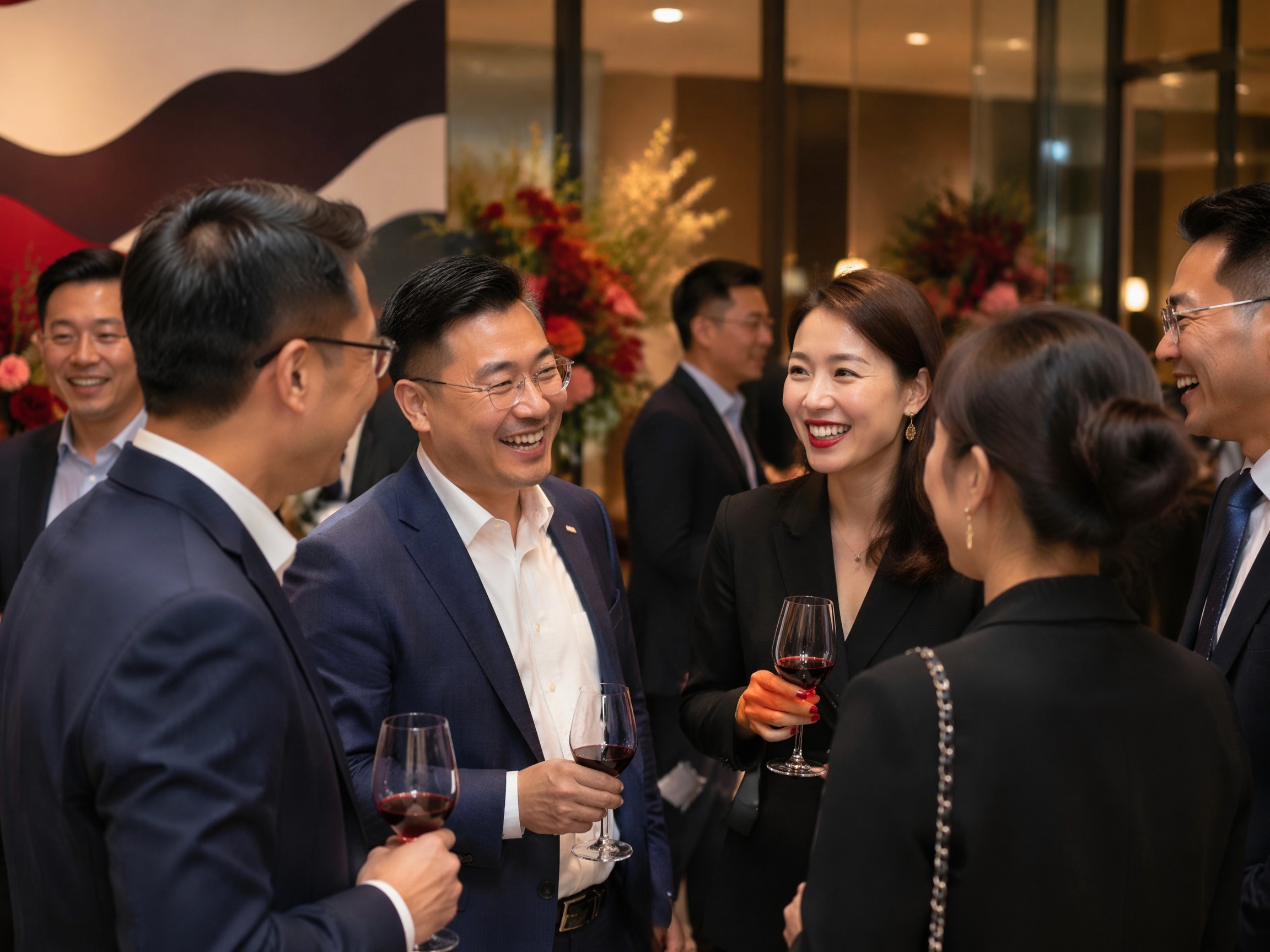 香港商務慶祝活動酒會,專業人士於高管退休派對及展覽開幕典禮中交談,手持紅酒舉杯慶祝。