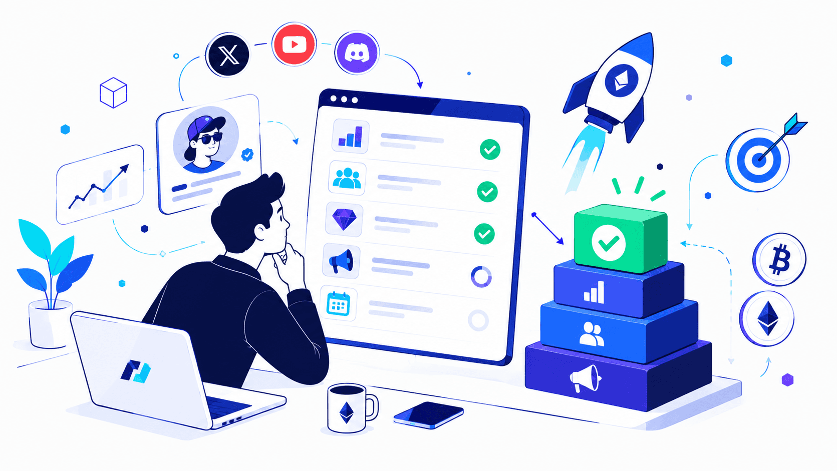 Illustration of a crypto influencer marketing checklist with social icons, growth metrics, and a rocket launch.